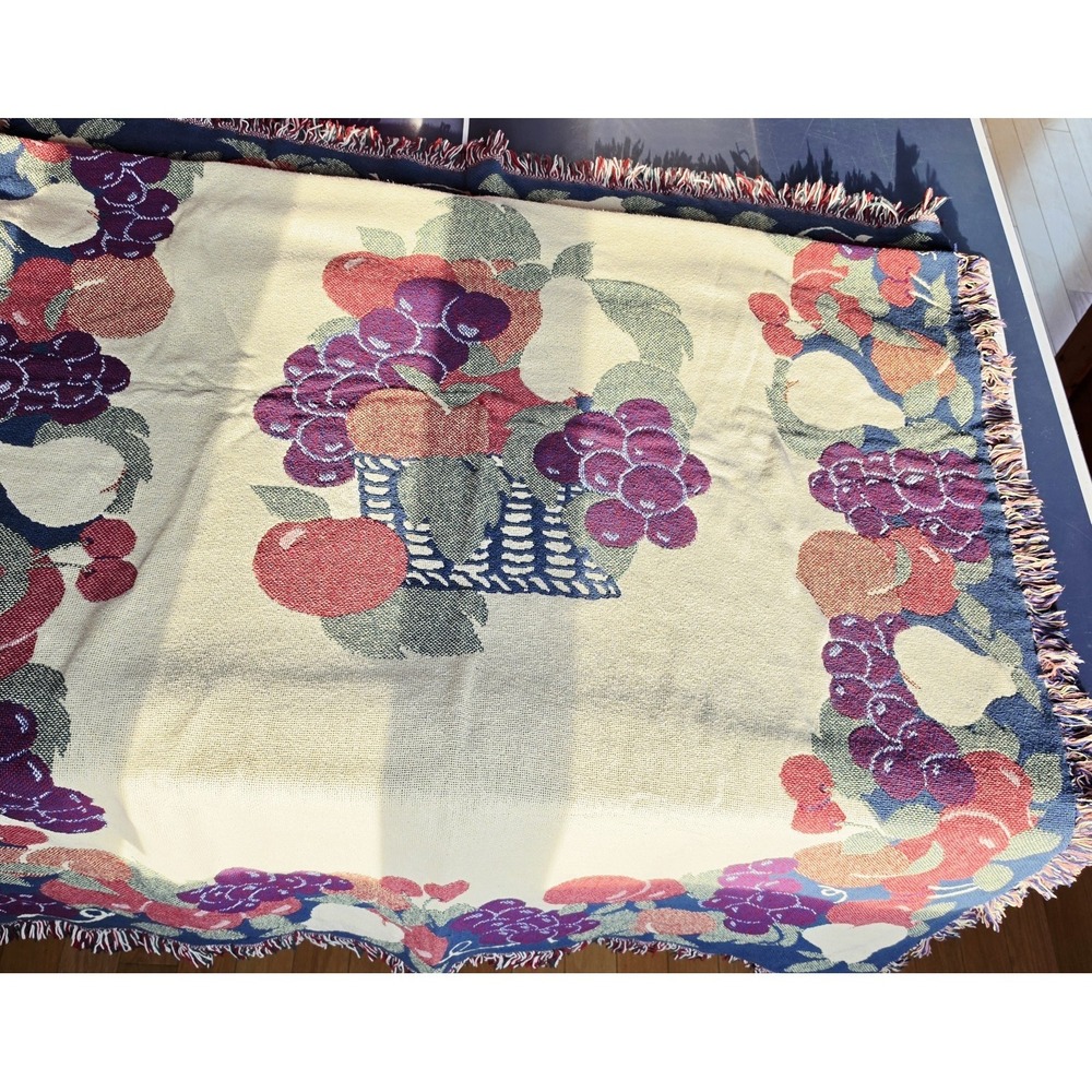 Vintage Basket Fruit Woven  Tapestry Throw Blanket 62x42 Reversible Fringe